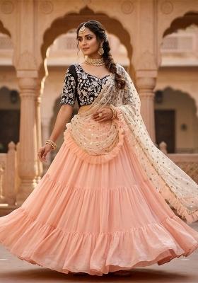 Peach Embroidered Georgette Lehenga Set
