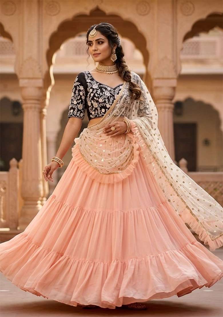 Peach Georgette Lehenga Set with Embroidered for Diwali | Wedding & Festive Wear - Indya