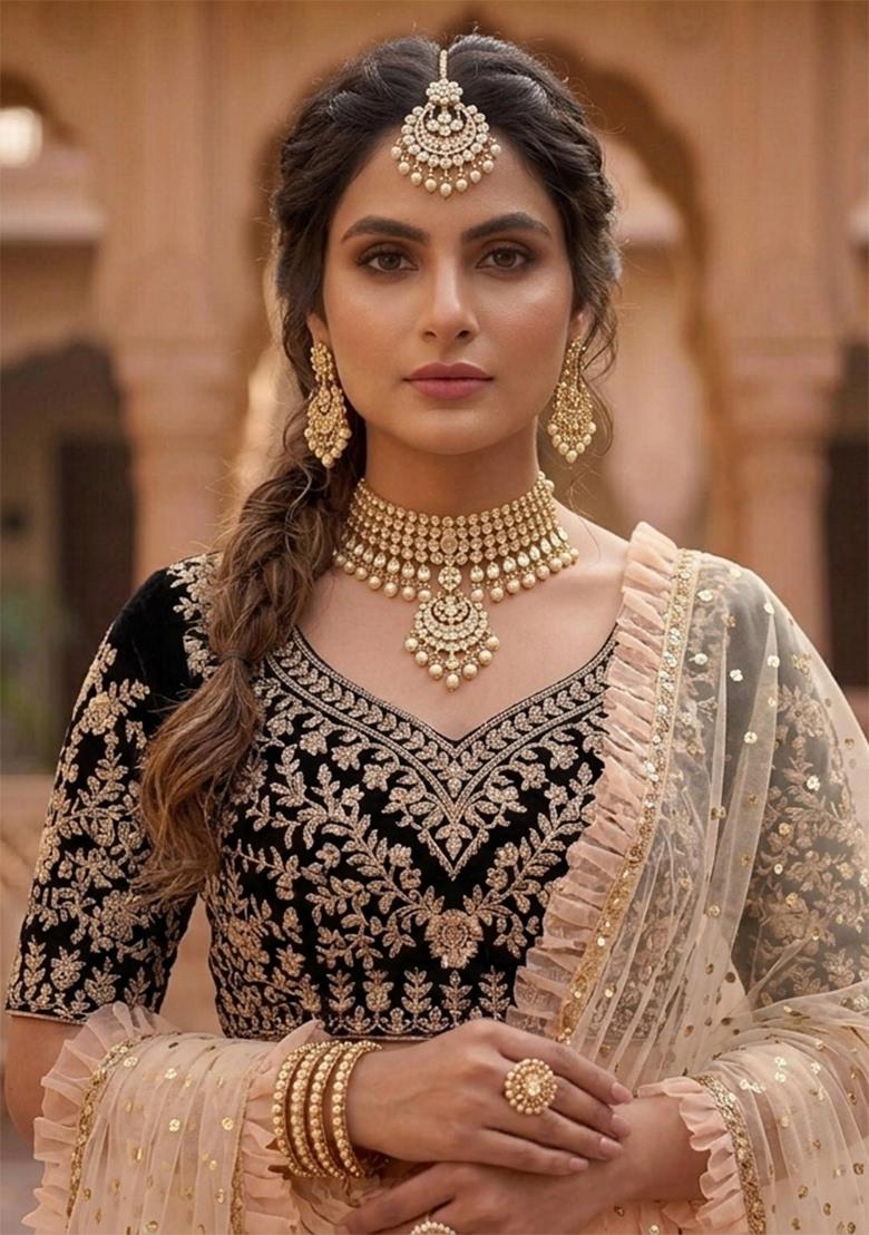 Peach Embroidered Georgette Lehenga Set - Indya
