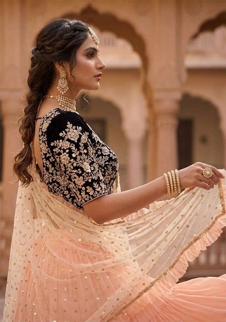 Peach Georgette Lehenga Set with Embroidered for Diwali | Wedding & Festive Wear - Indya