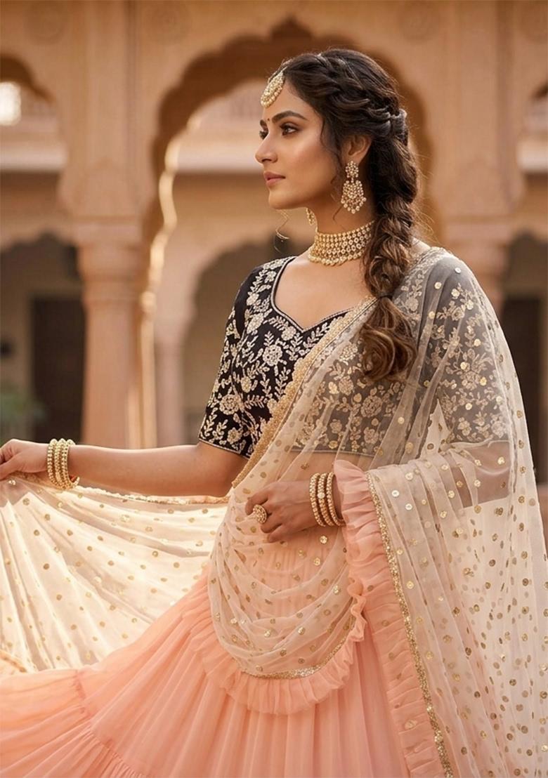 Peach Embroidered Georgette Lehenga Set - Indya