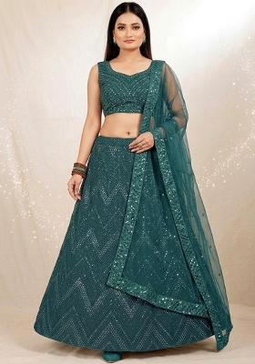 Green Sequin Work Georgette Lehenga Set