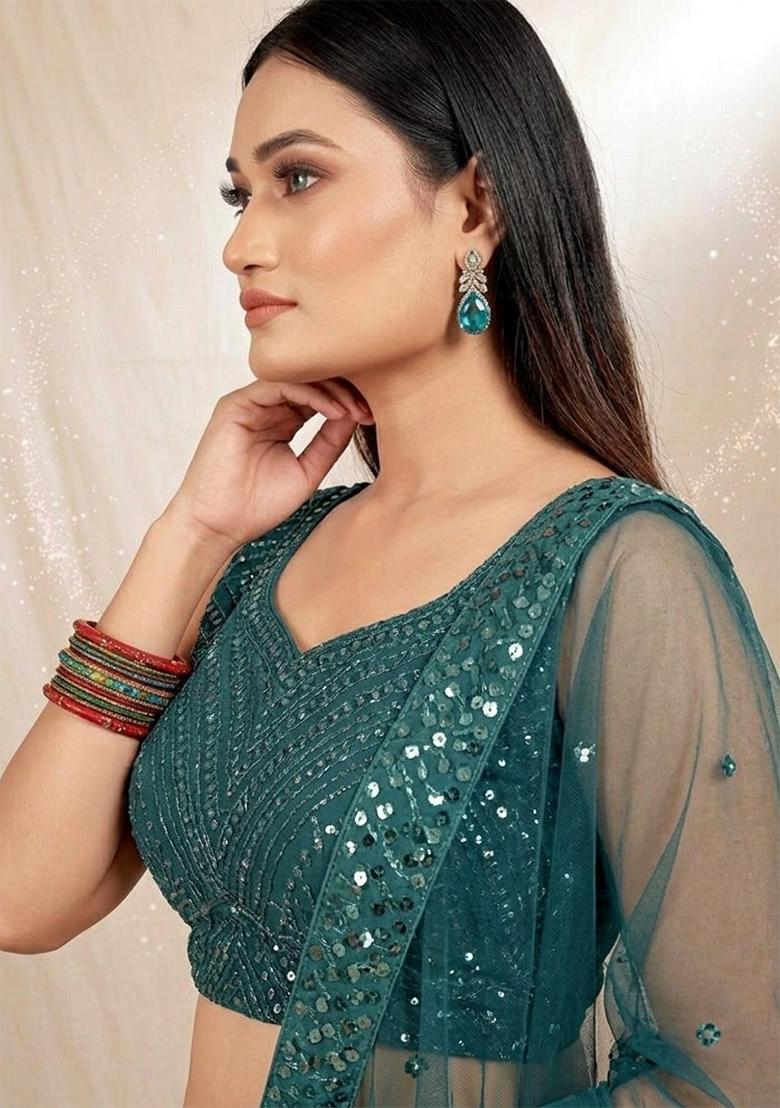 Green Sequin Work Georgette Lehenga Set - Indya