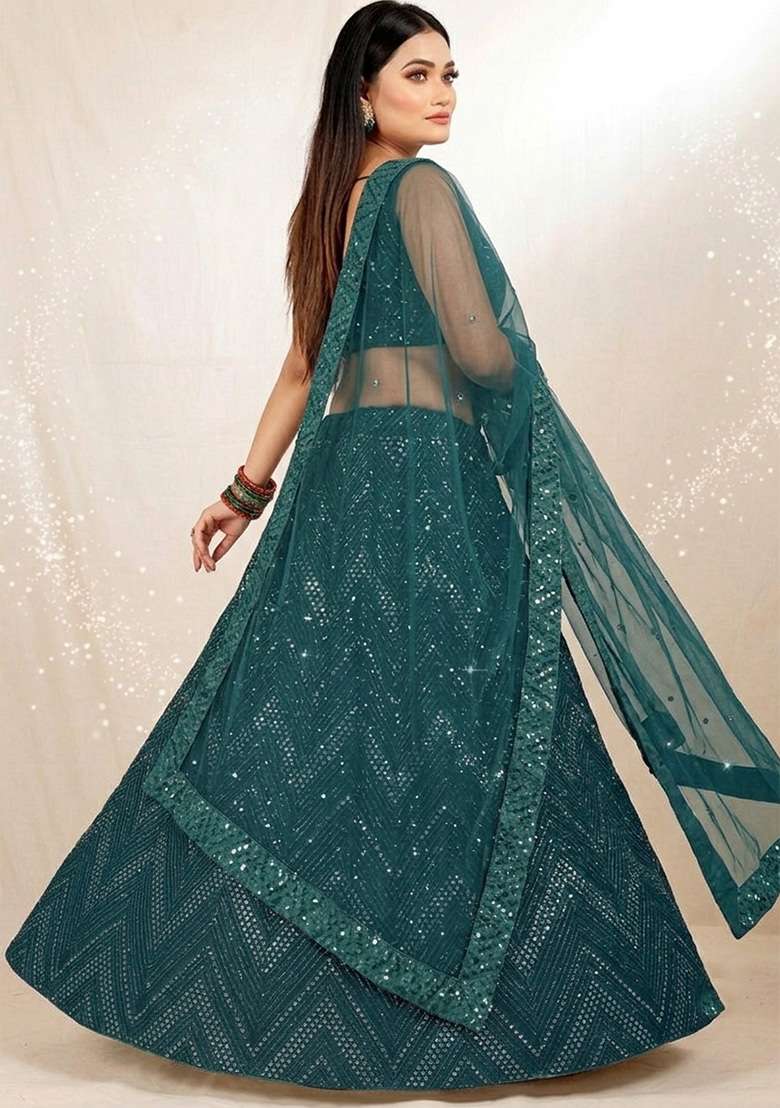 Green Sequin Work Georgette Lehenga Set for Diwali and Festive Wear - Indya