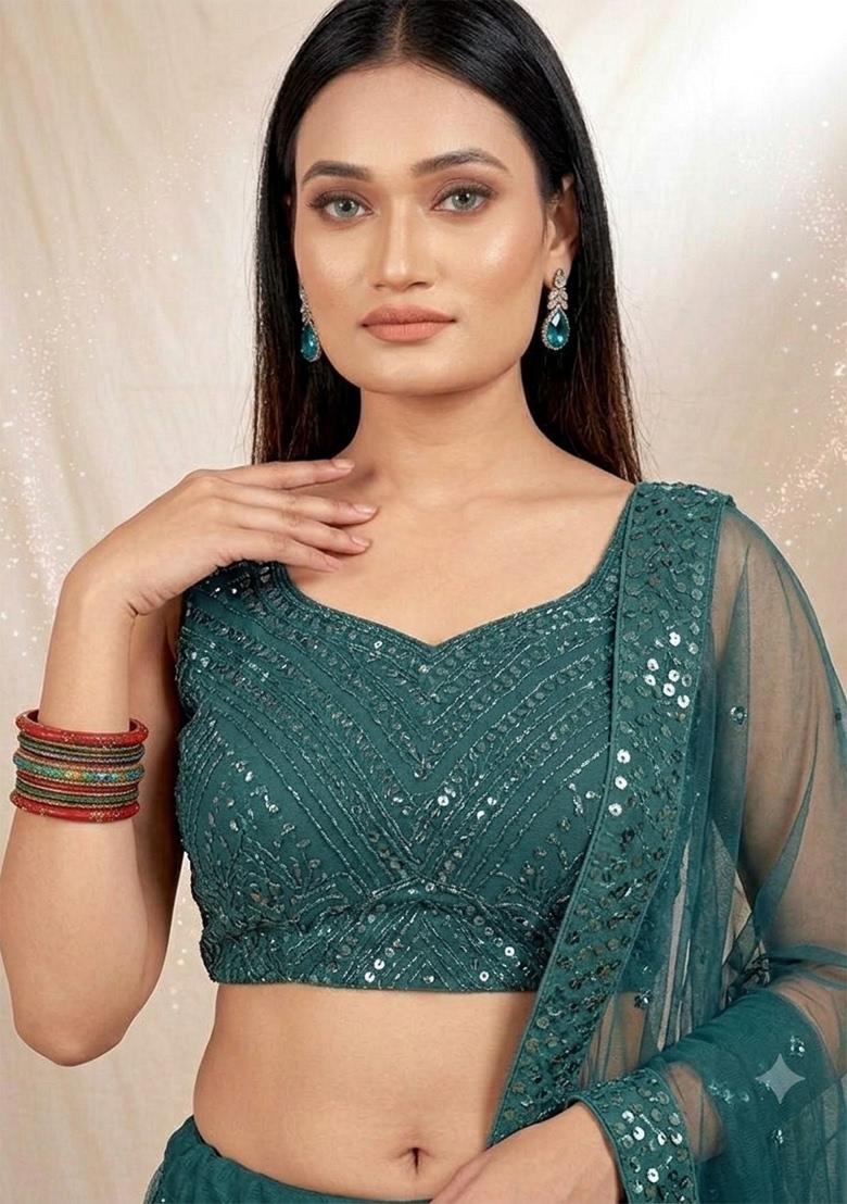 Green Sequin Work Georgette Lehenga Set - Indya
