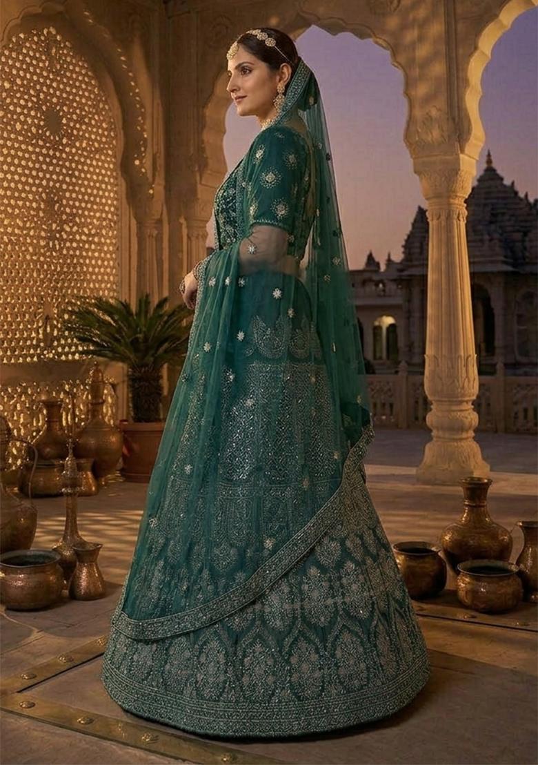 Green Sequin Work Georgette Lehenga Set - Indya
