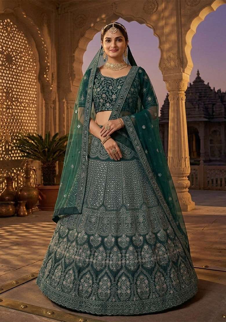 Green Sequin Work Georgette Lehenga Set for Diwali and Festive Wear - Indya