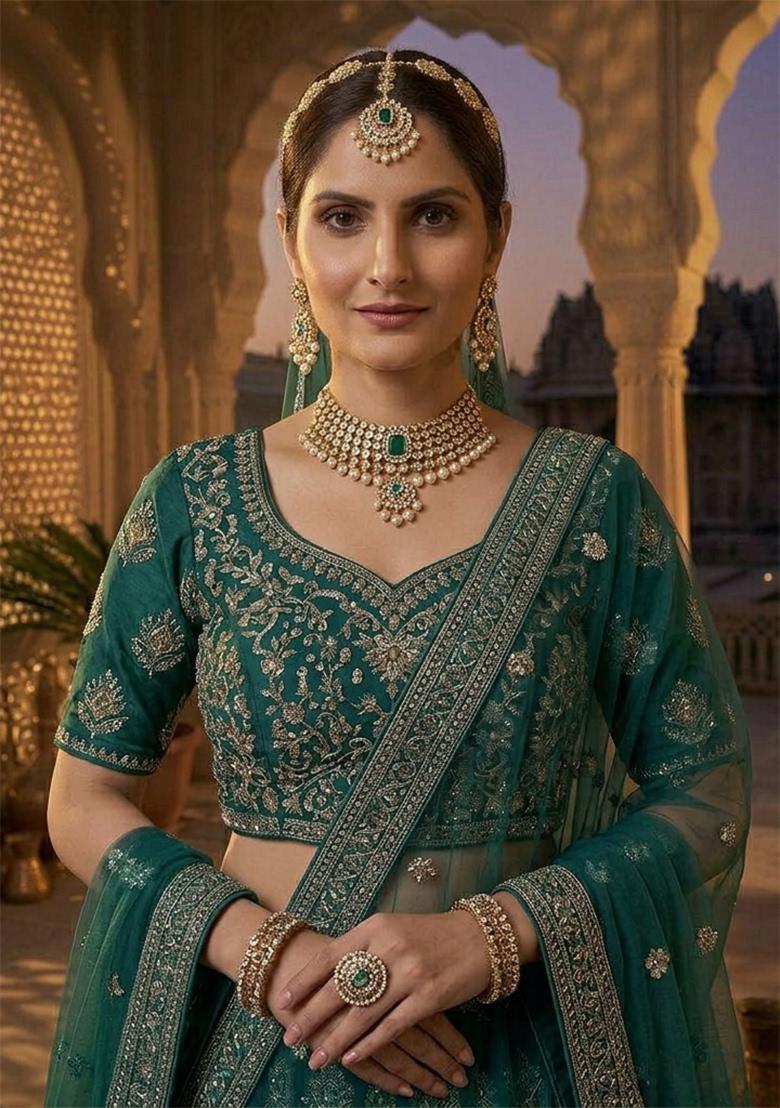 Green Sequin Work Georgette Lehenga Set - Indya