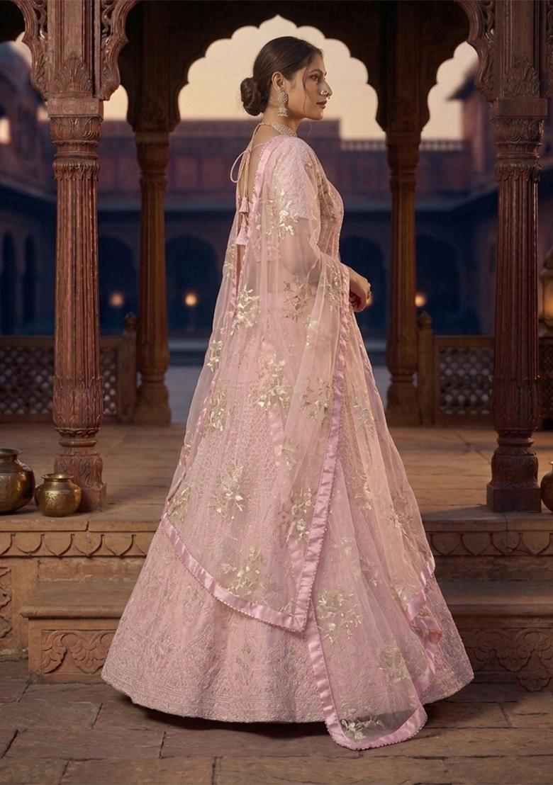 Pink Sequin Work Georgette Lehenga Set - Indya