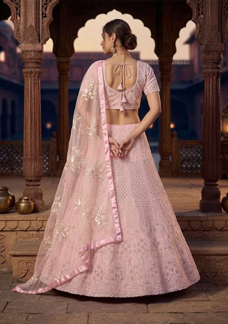 Pink Work Georgette Lehenga Set with Sequin for Diwali | Wedding & Festive Wear - Indya