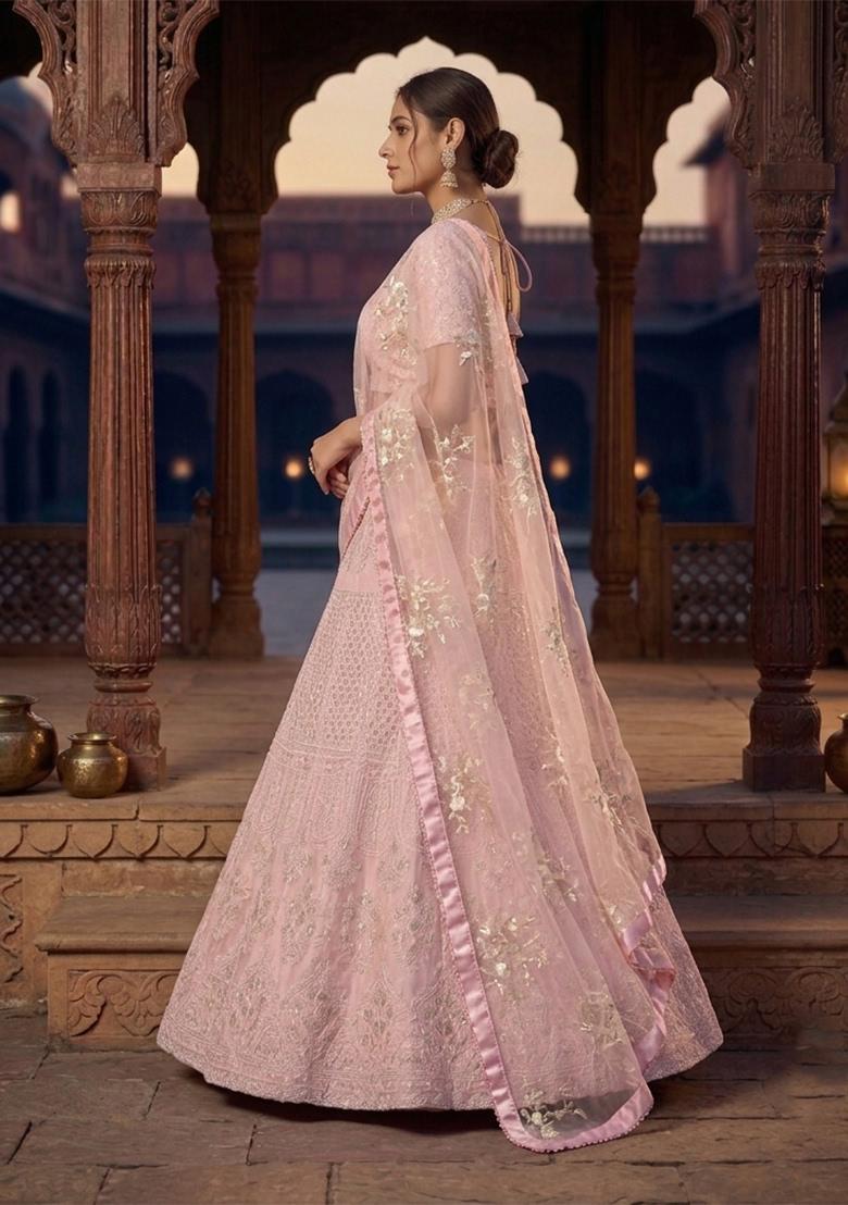 Pink Sequin Work Georgette Lehenga Set - Indya