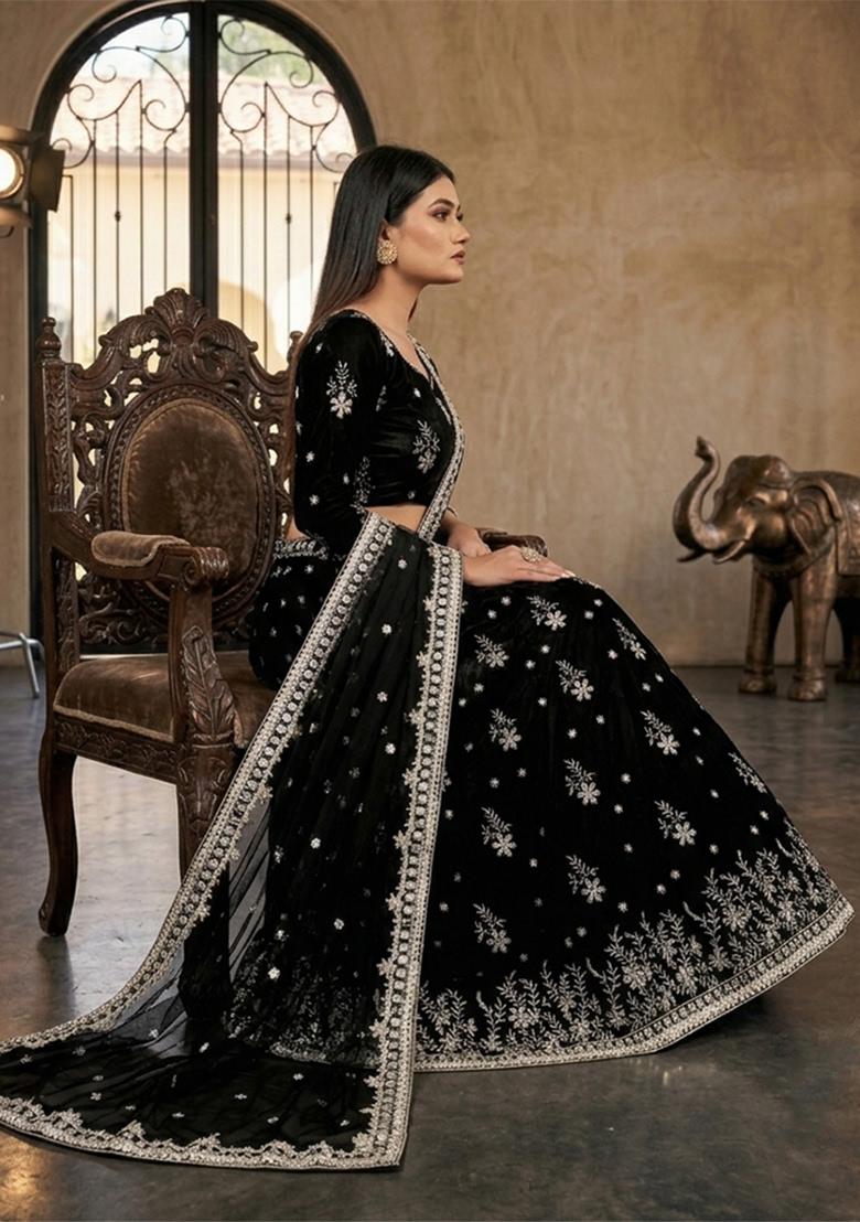 Black Sequin Work Silk Lehenga Set - Indya