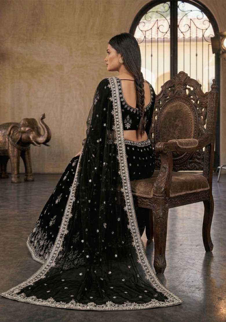 Black Sequin Work Silk Lehenga Set for Diwali and Festive Wear - Indya