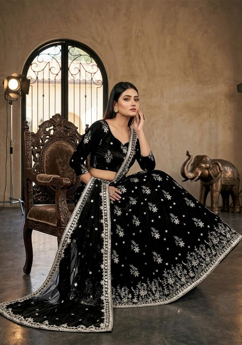 Black Sequin Work Silk Lehenga Set - Indya