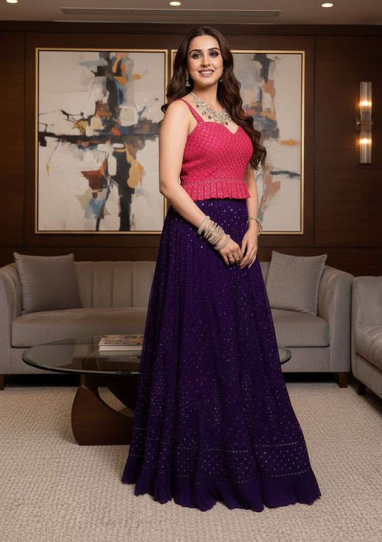 Purple Sequin Work Georgette Lehenga Set for Diwali and Festive Wear - Indya