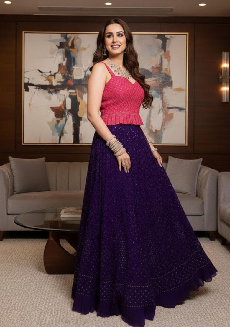Purple Sequin Work Georgette Lehenga Set - Indya