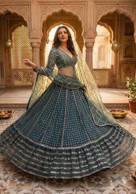 Teal Blue Sequin Work Georgette Lehenga Set