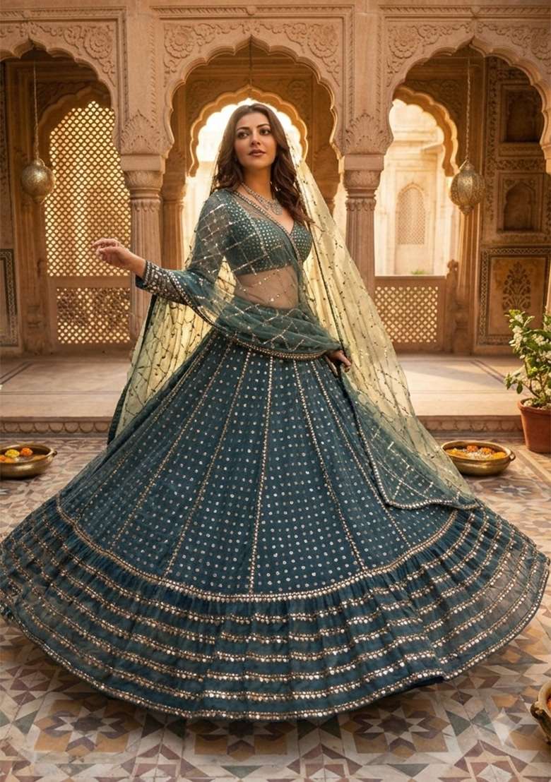 Teal Blue Sequin Work Georgette Lehenga Set for Diwali and Festive Wear - Indya