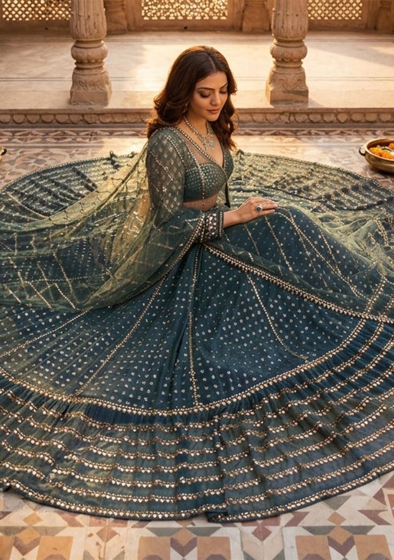 Teal Blue Sequin Work Georgette Lehenga Set - Indya