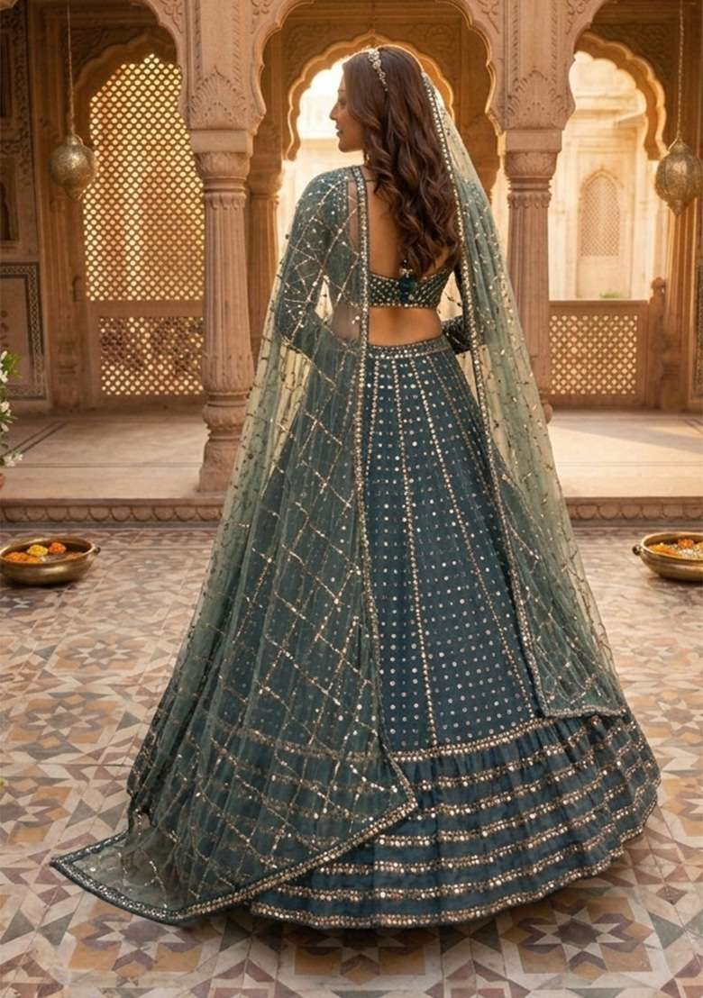 Teal Blue Sequin Work Georgette Lehenga Set for Diwali and Festive Wear - Indya