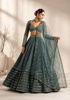 Green Sequin Work Georgette Lehenga Set