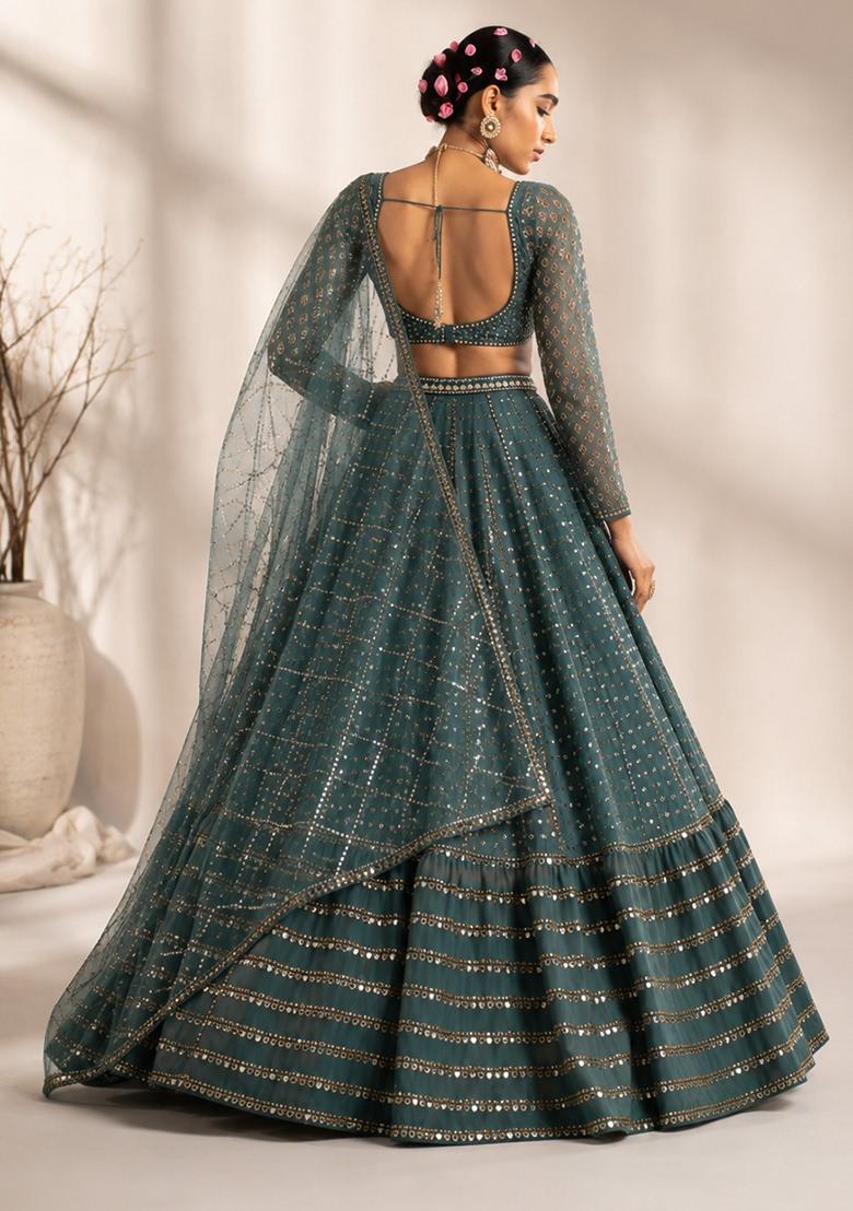 Green Sequin Work Georgette Lehenga Set - Indya