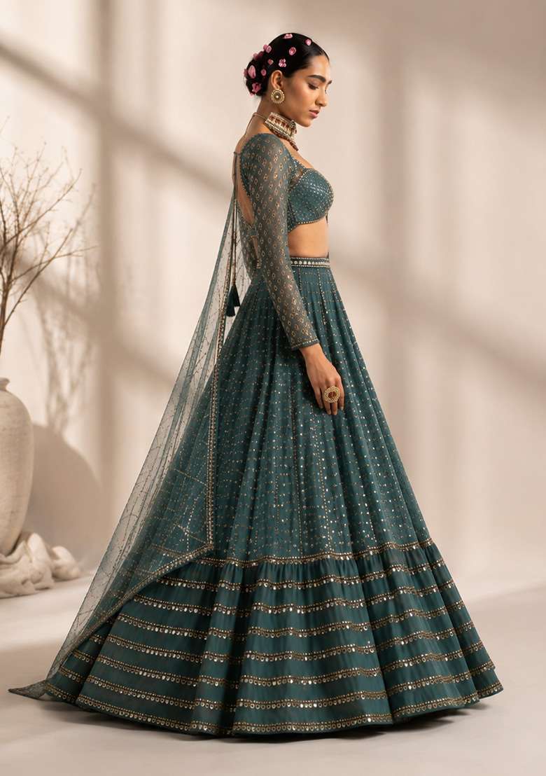 Green Sequin Work Georgette Lehenga Set for Diwali and Festive Wear - Indya