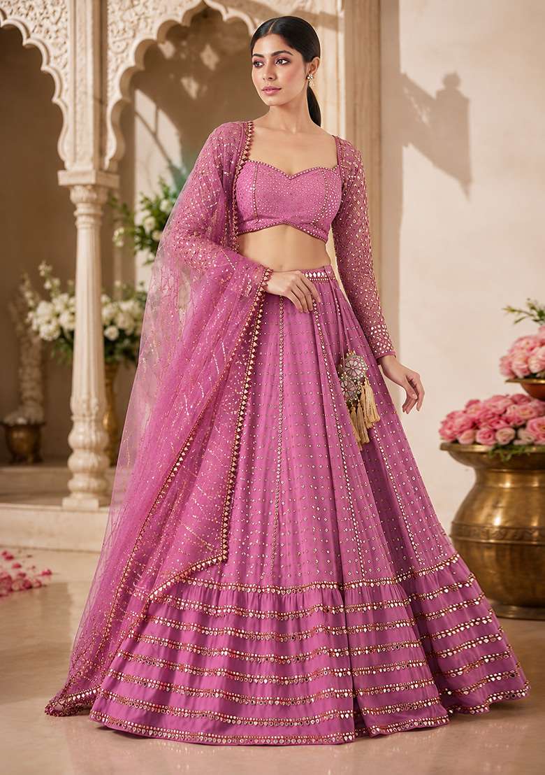 Pink Sequin Work Georgette Lehenga Set for Diwali and Festive Wear - Indya