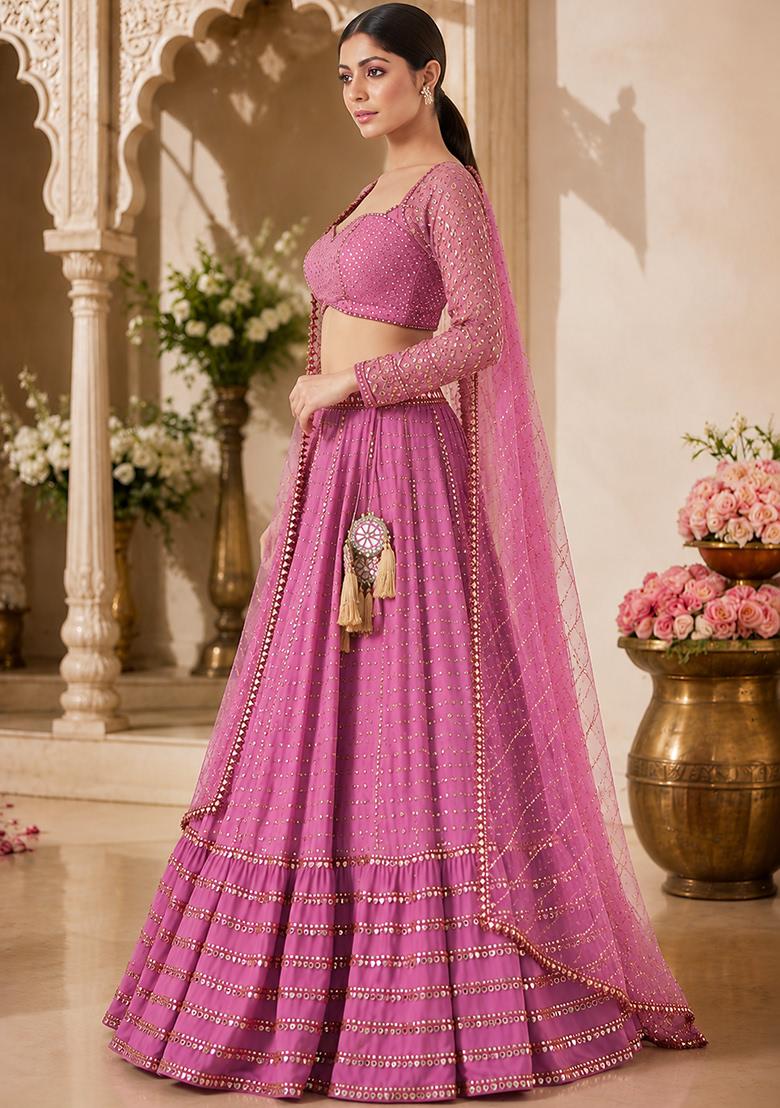 Pink Sequin Work Georgette Lehenga Set - Indya