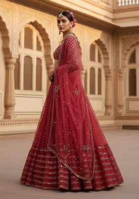Red Sequin Work Georgette Lehenga Set