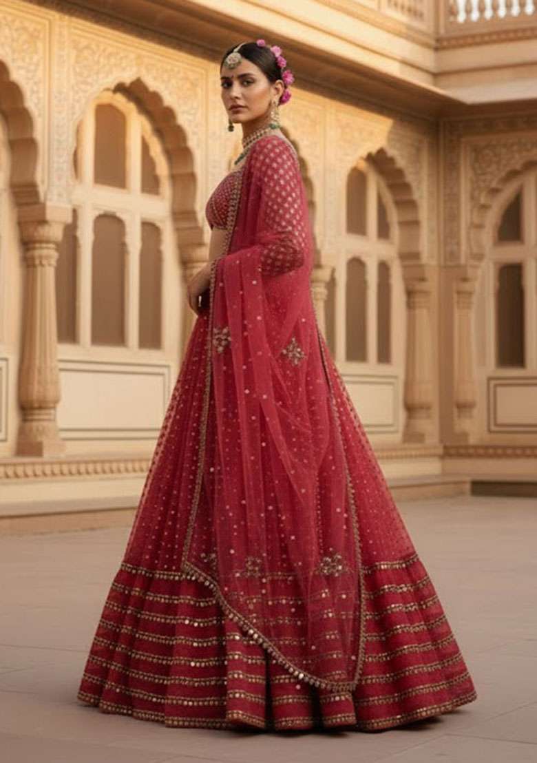 Red Sequin Work Georgette Lehenga Set for Diwali and Festive Wear - Indya