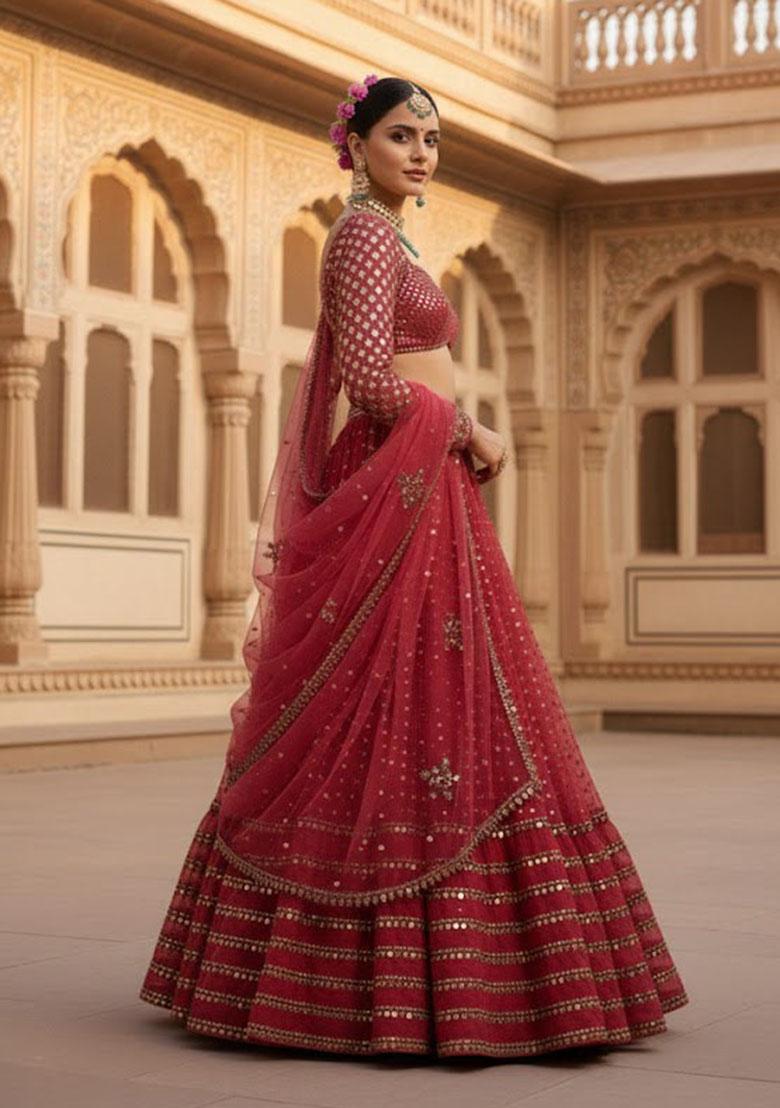 Red Sequin Work Georgette Lehenga Set - Indya