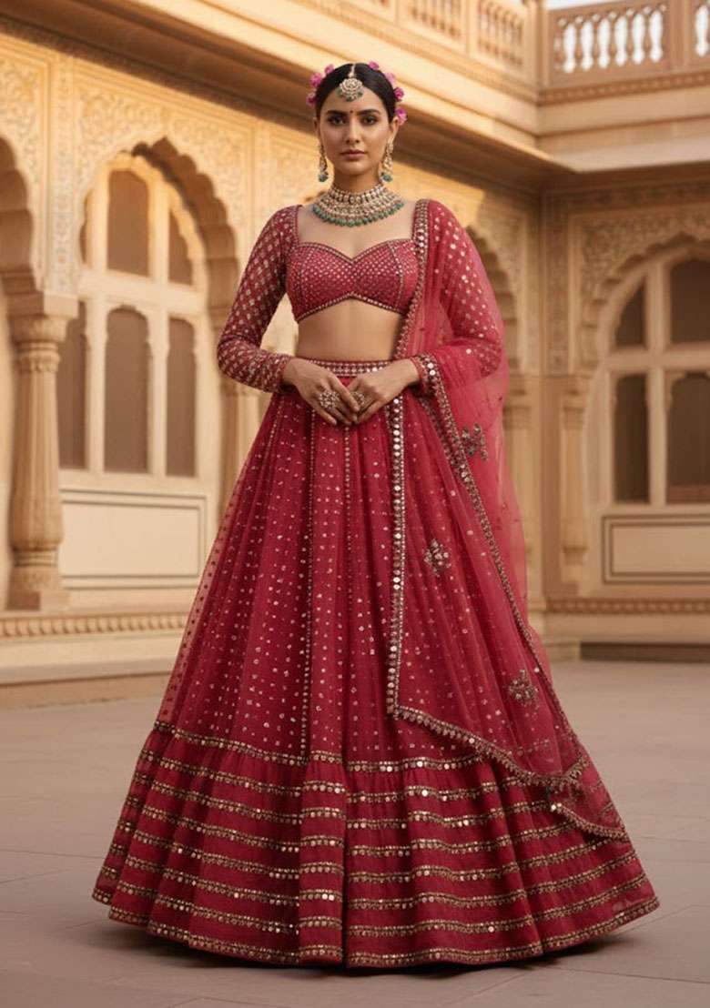 Red Sequin Work Georgette Lehenga Set for Diwali and Festive Wear - Indya