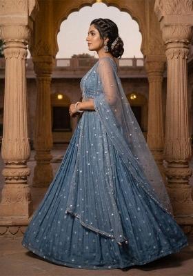 Sky Blue Sequin Work Georgette Lehenga Set