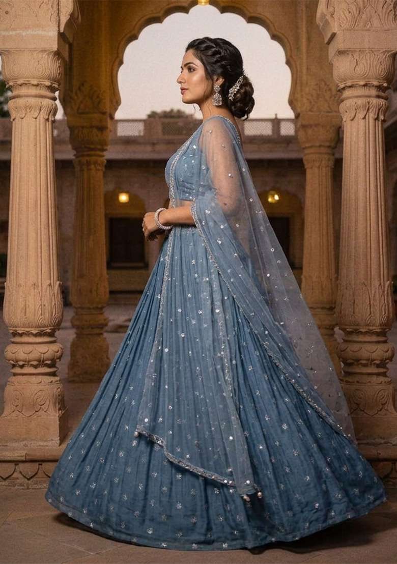 Sky Blue Work Georgette Lehenga Set with Sequin for Diwali | Wedding & Festive Wear - Indya
