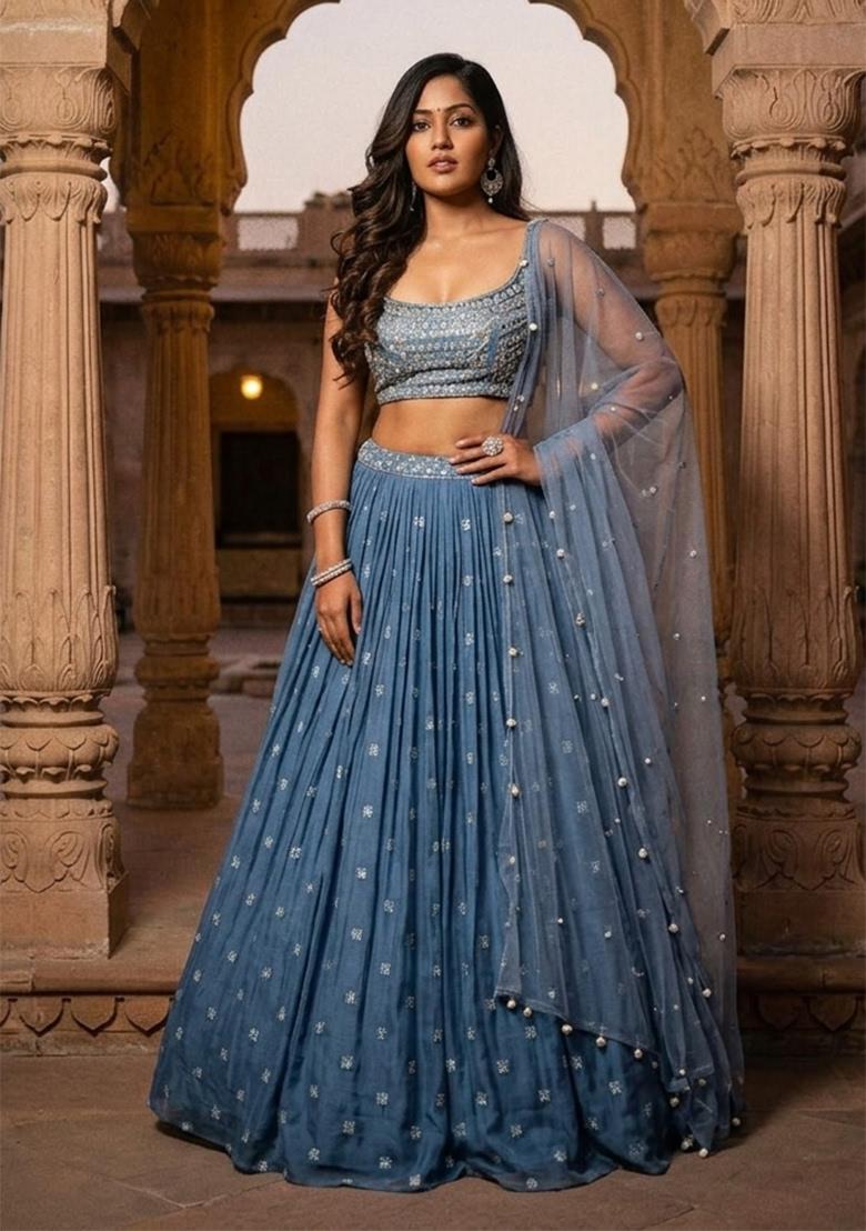 Sky Blue Sequin Work Georgette Lehenga Set - Indya