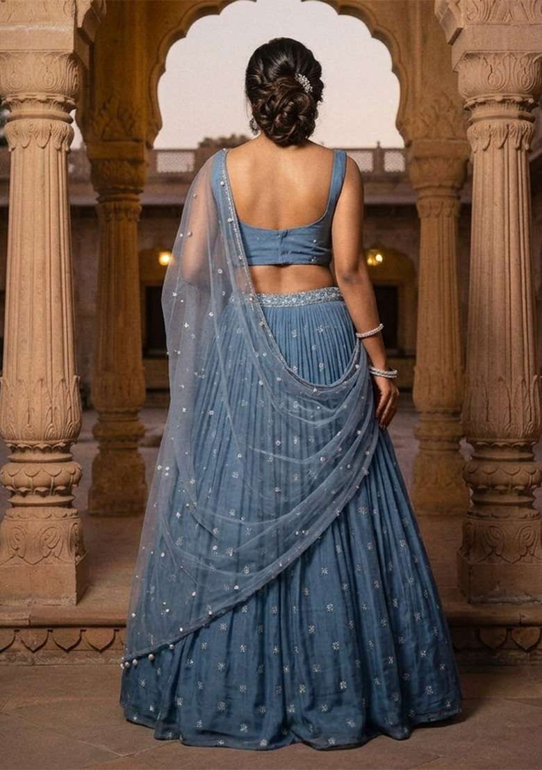Sky Blue Work Georgette Lehenga Set with Sequin for Diwali | Wedding & Festive Wear - Indya