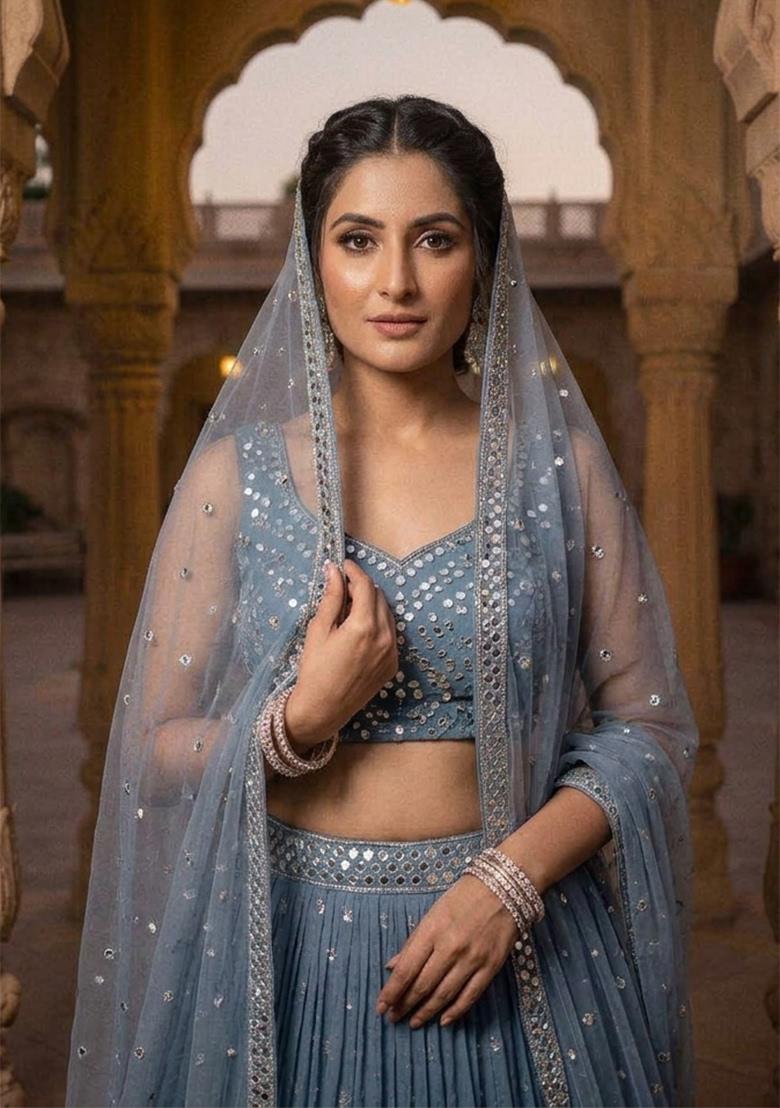 Sky Blue Sequin Work Georgette Lehenga Set - Indya