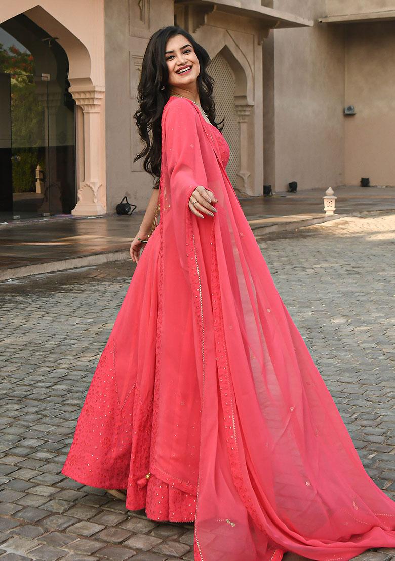 Pink Embroidered Georgette Lehenga Set - Indya