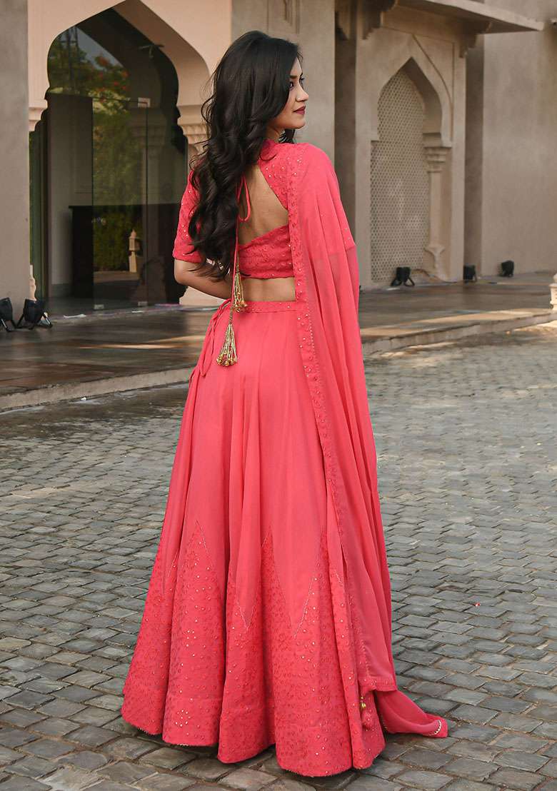 Pink Embroidered Georgette Lehenga Set for Diwali and Festive Wear - Indya