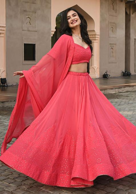 Pink Embroidered Georgette Lehenga Set