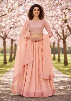 Peach Crush Work Georgette Lehenga Set