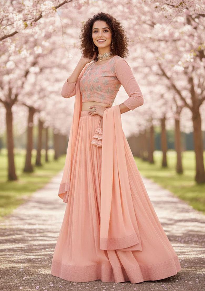 Peach Crush Work Georgette Lehenga Set - Indya