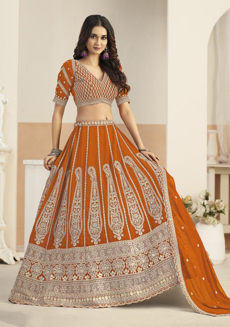 Orange Sequin Work Georgette Lehenga Set - Indya