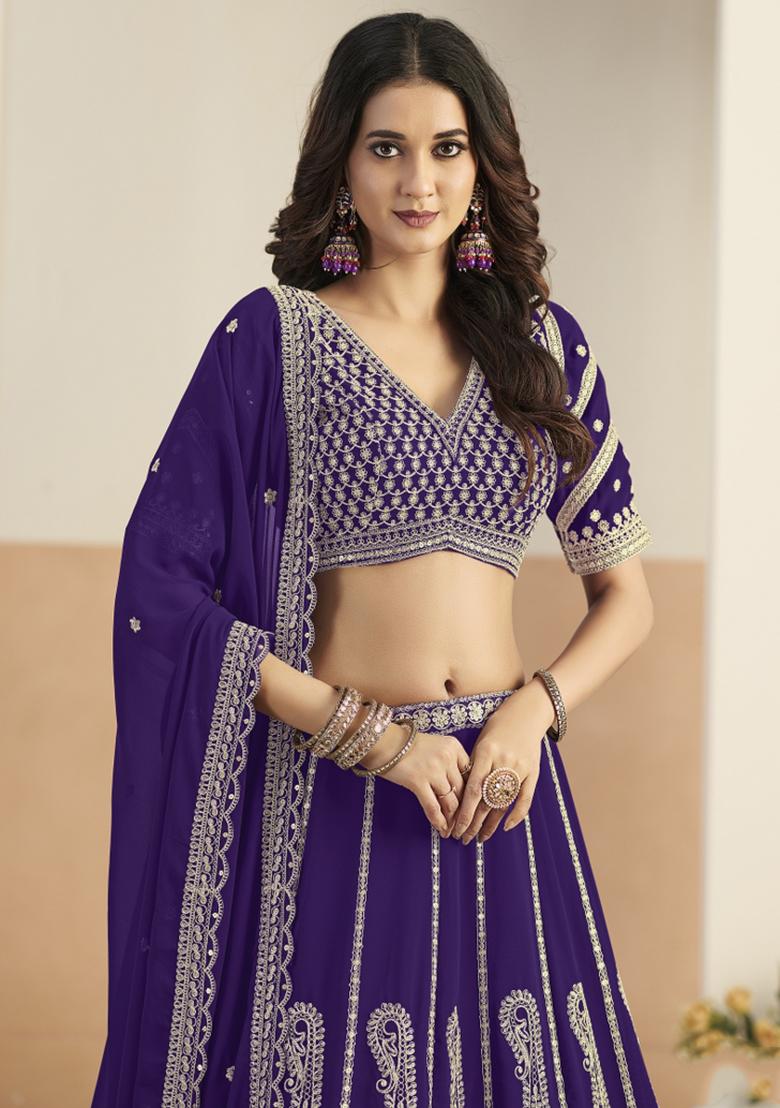 Blue Sequin Work Georgette Lehenga Set - Indya