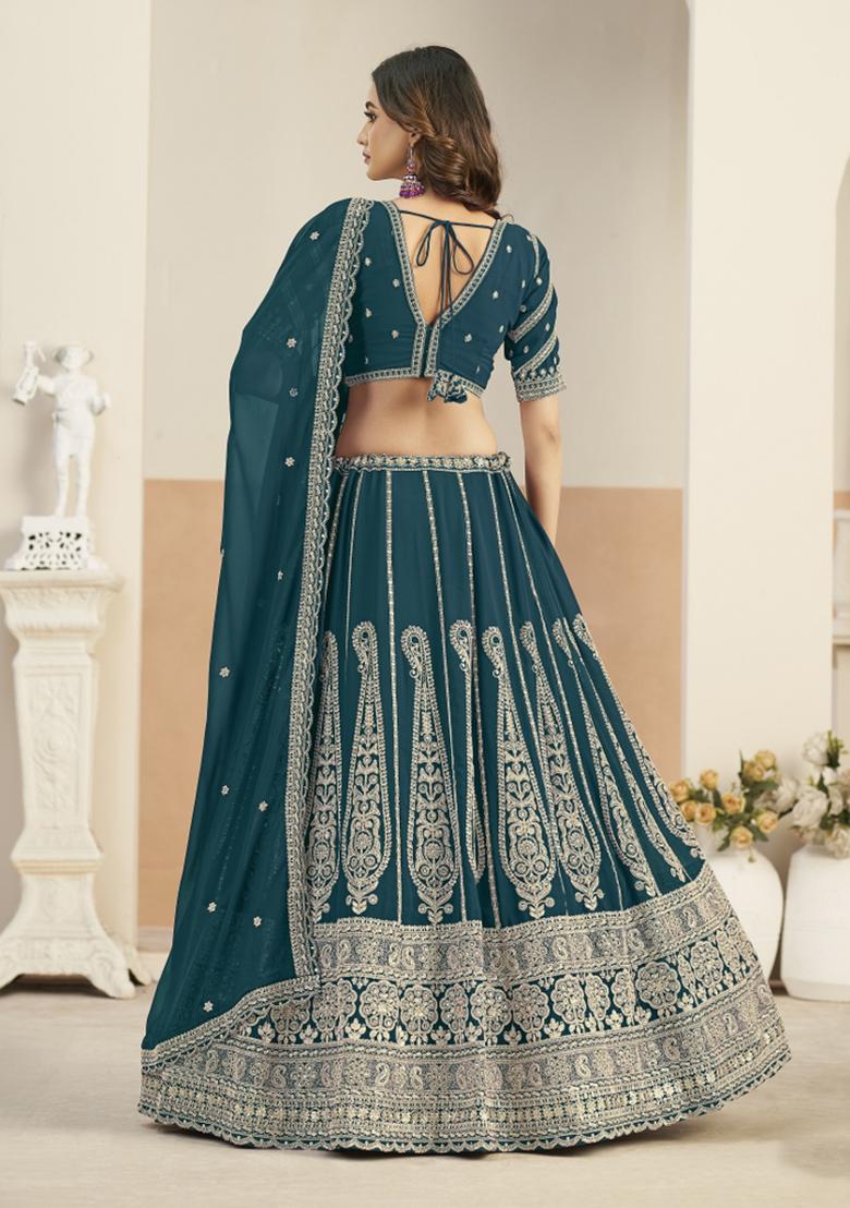 Teal Green Sequin Work Georgette Lehenga Set - Indya