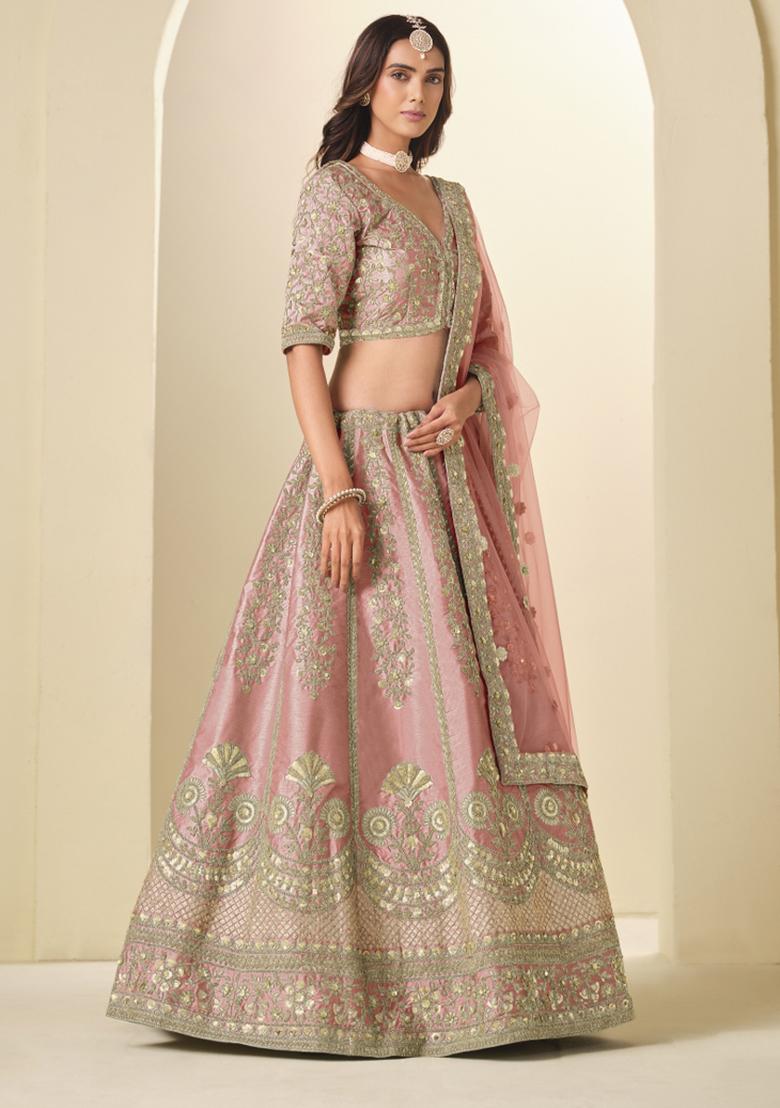 Light Pink Sequin Work Silk Lehenga Set - Indya