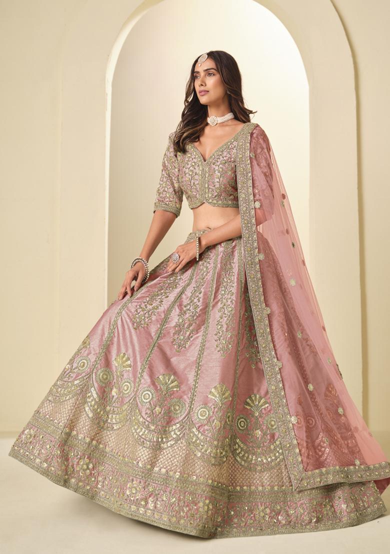 Light Pink Sequin Work Silk Lehenga Set - Indya