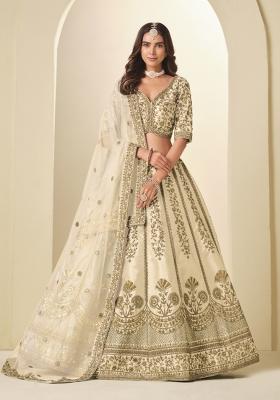Off White Sequin Work Silk Lehenga Set
