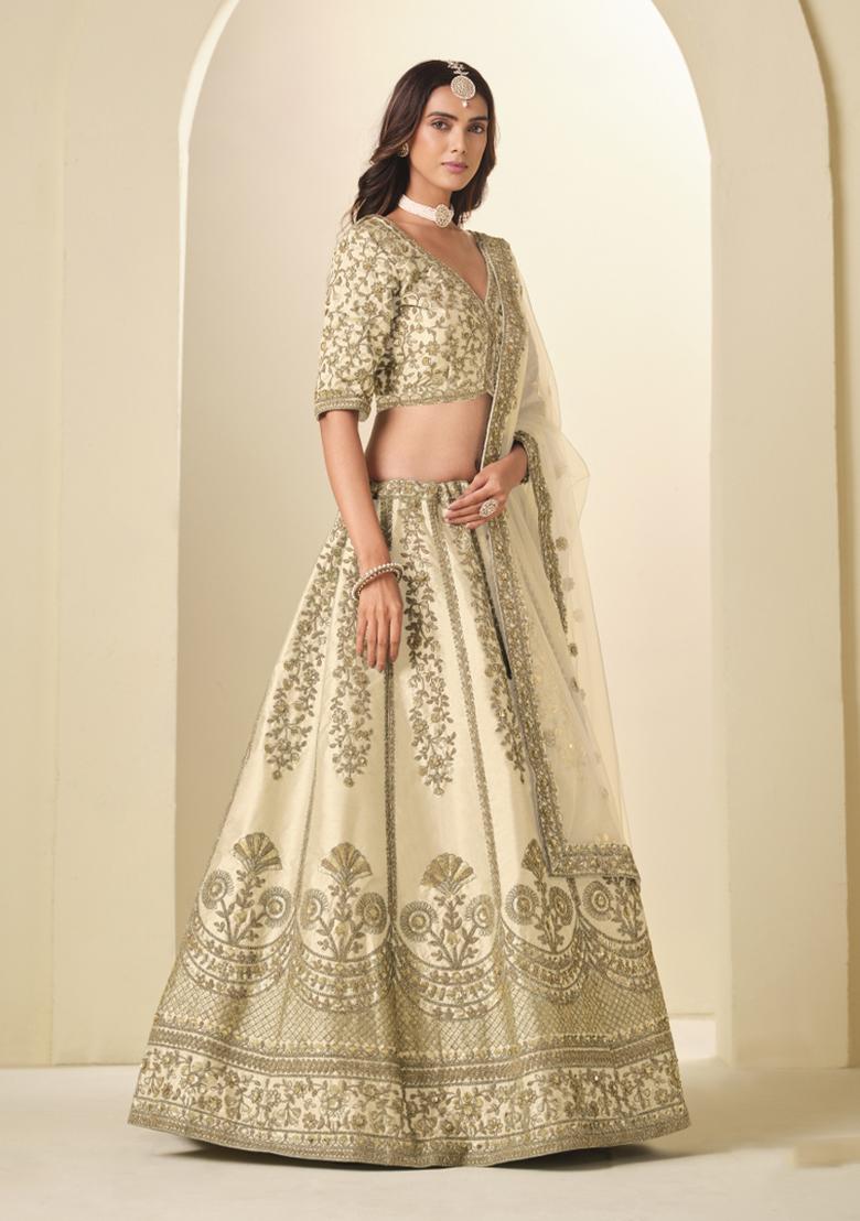 Off White Sequin Work Silk Lehenga Set - Indya
